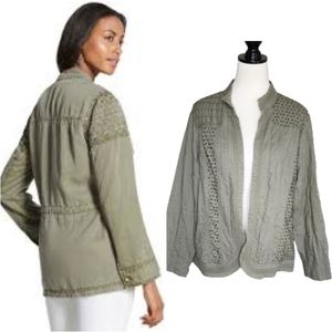 Chico's green utility jacket barn coat with floral lace size extra large XL
